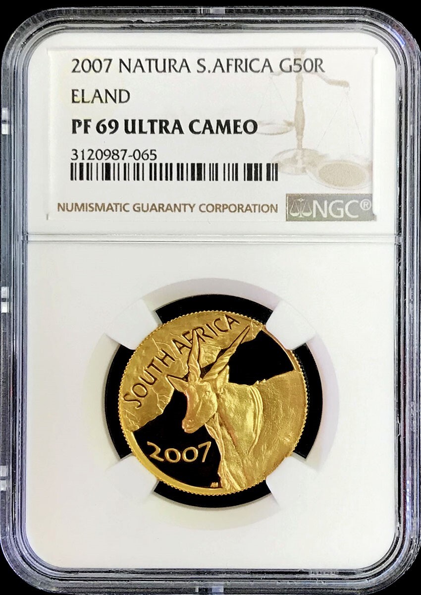 2007 GOLD SOUTH AFRICA NATURA 50 RAND 1/2oz ELAND NGC PROOF 69
