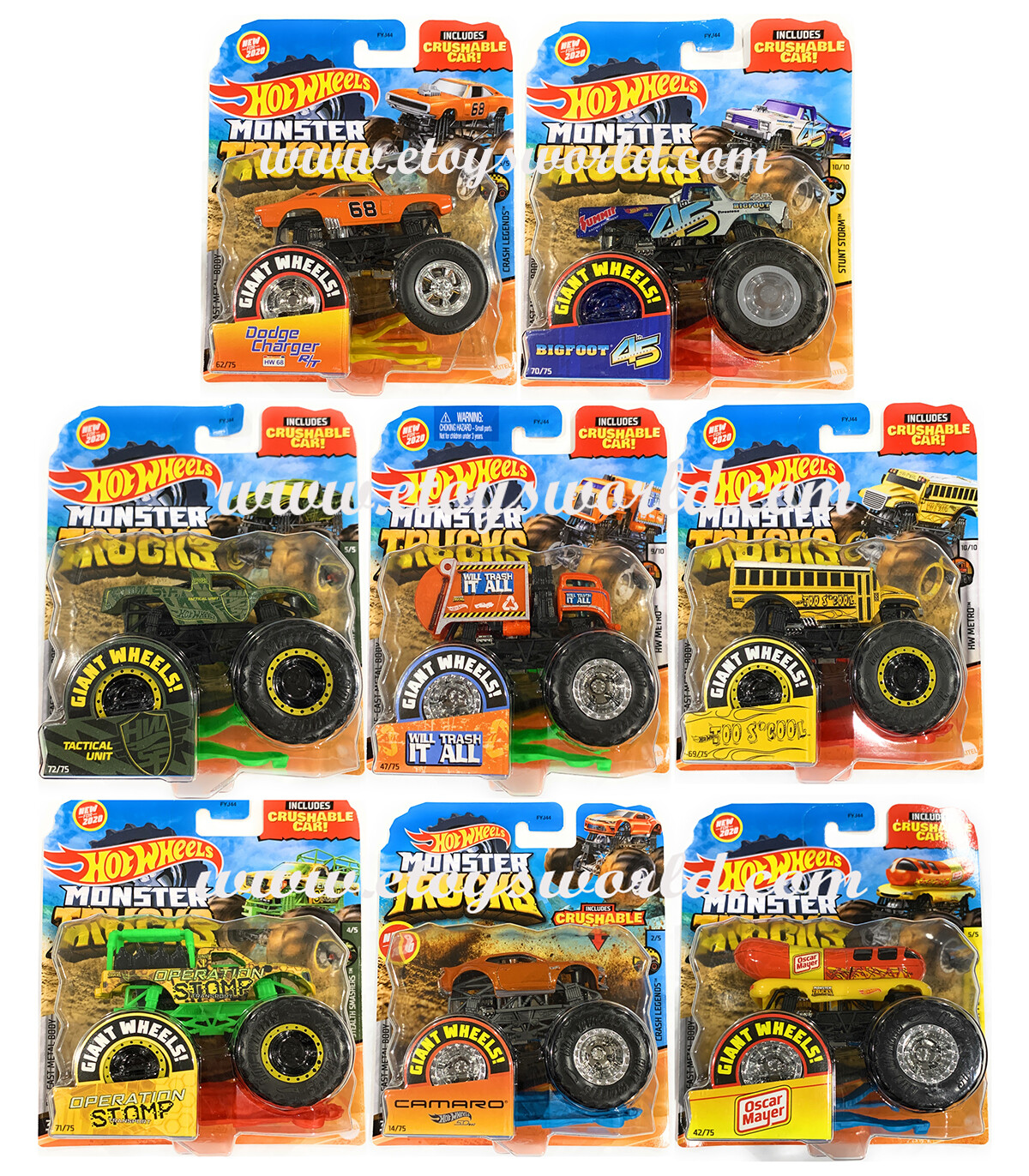 Hot Wheels 1:64 Monster Trucks 2020 L case Crushable Car Models