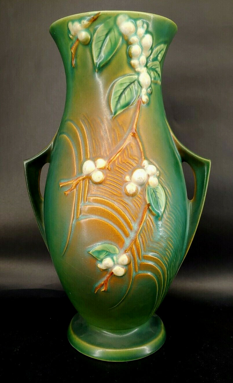 RARE Roseville Pottery Snowberry Green Vase 1V1-12 Mid Century