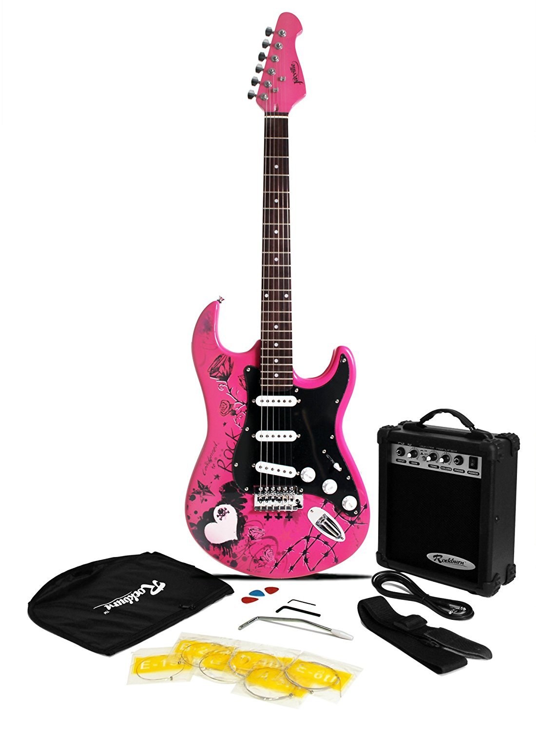 Jaxville Pink Punk ST Style Electric Guitar Pack with Amp, Gig Bag