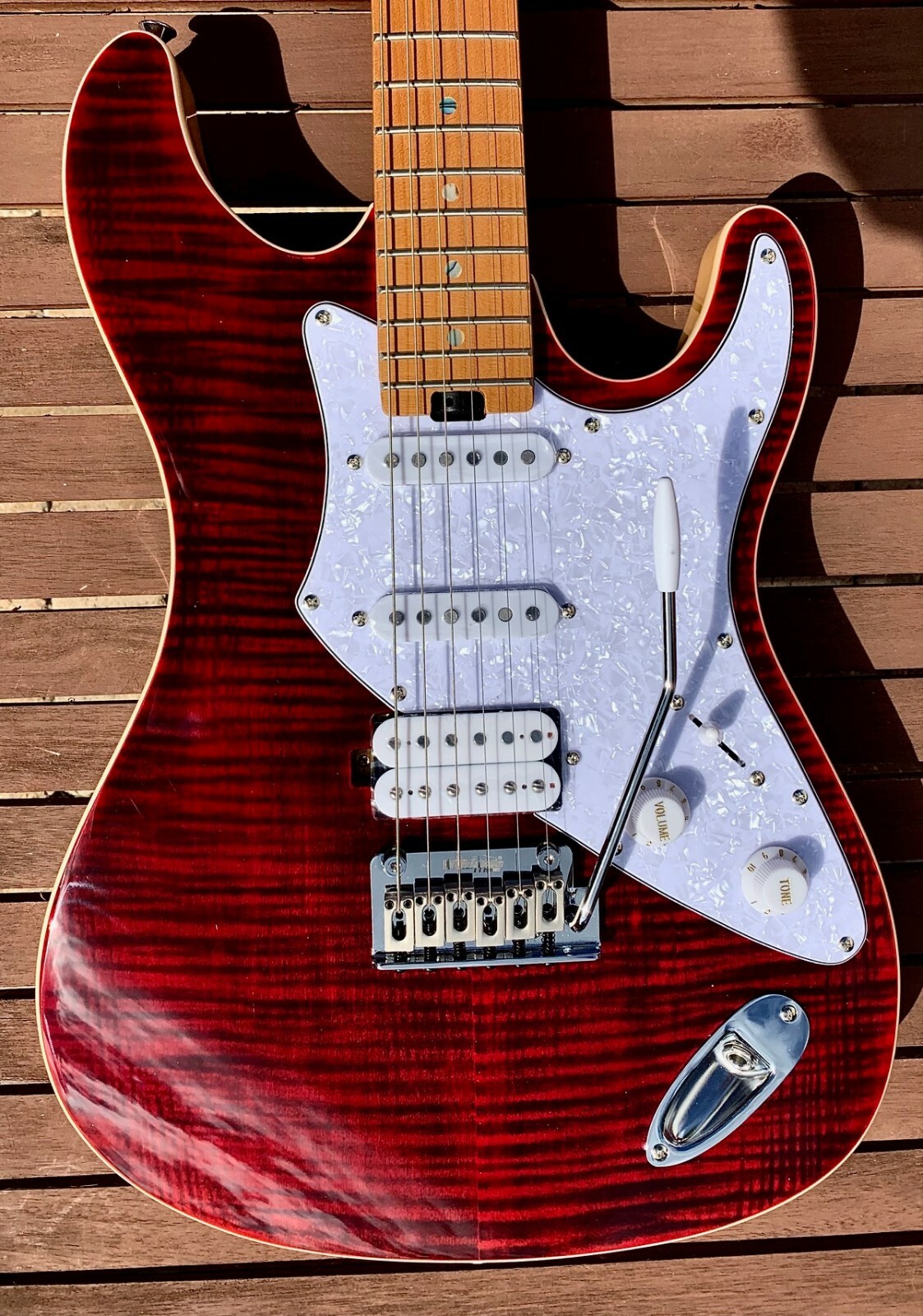 Aria Pro II 714-MK2 FULLERTON Ruby Red Flame Top HSS Electric