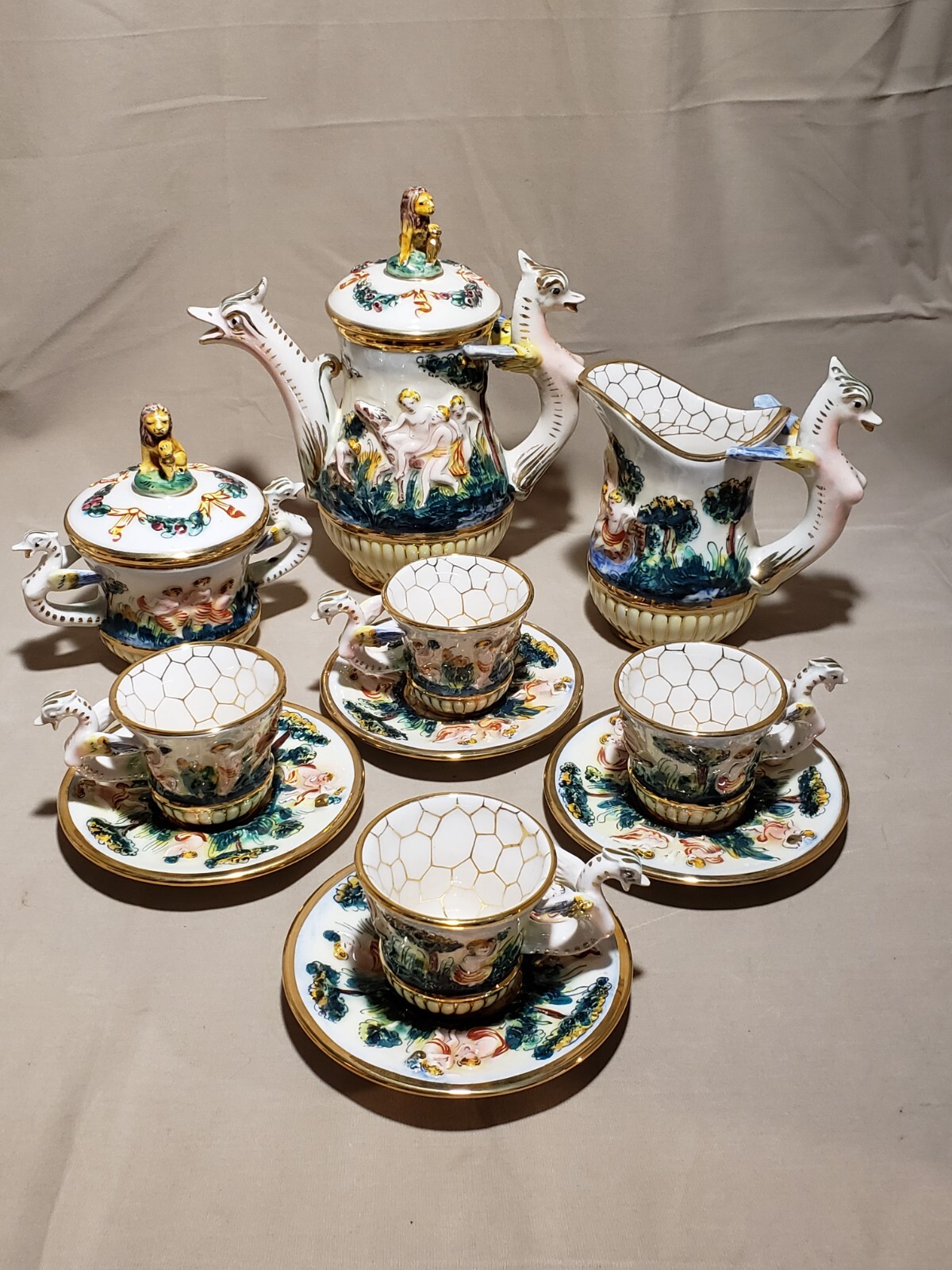Capodimonte Cherub & Dragon Demitasse Espresso Tea Set Signed