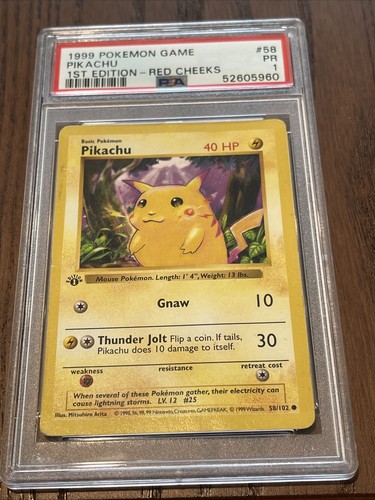 1999 Pokemon #58 Pikachu 1st Edition Shadowless Red Cheeks PSA 1