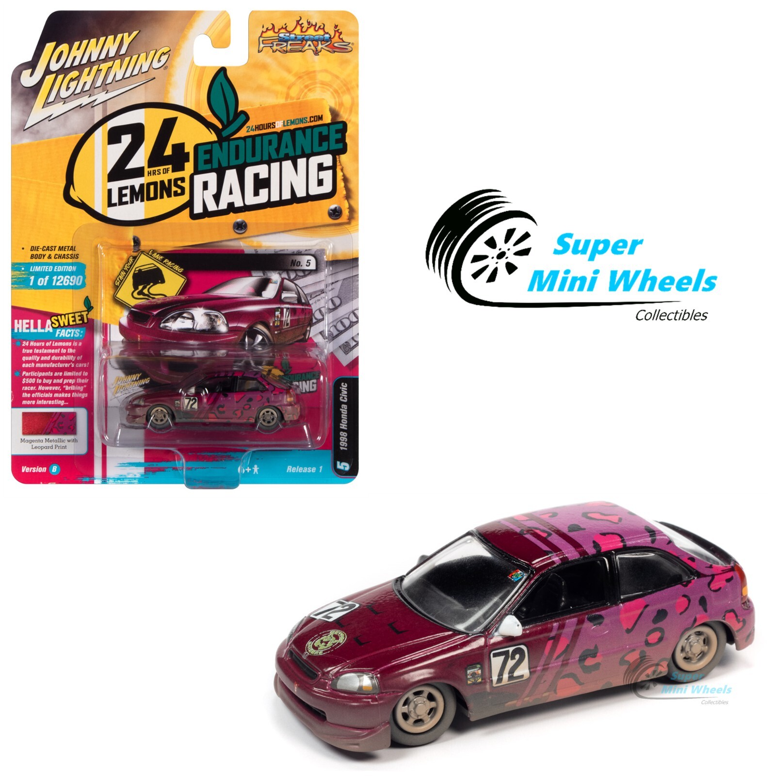 Johnny Lightning 1:64 - 1998 Honda Civic (24 Hrs of Lemons) Pink