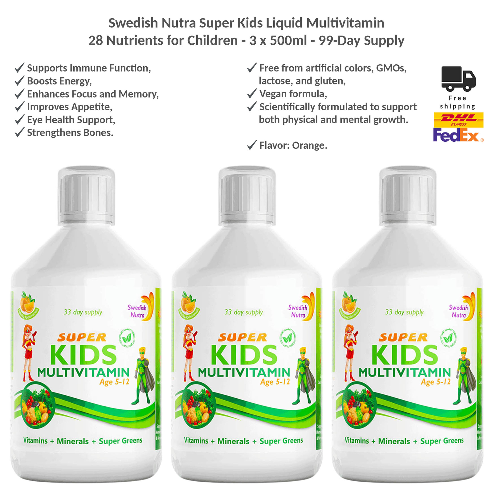 Swedish Nutra Super Kids Liquid Multivitamin - 28 Nutrients for
