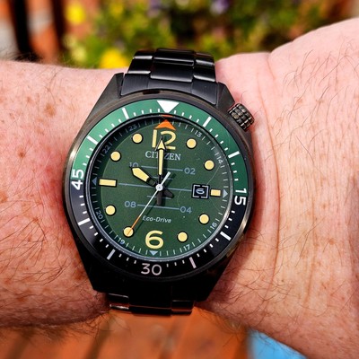 Citizen Men's Eco-Drive Gray Stainless Steel Green Date Watch 43