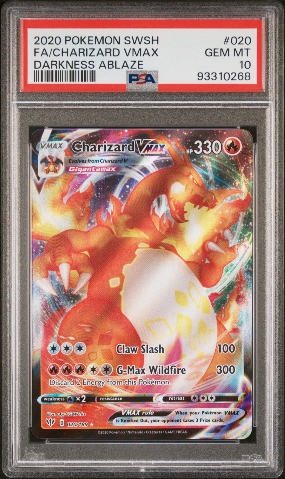 2020 Pokemon SWSH Charizard Vmax Darkness Ablaze 020/189 PSA 10