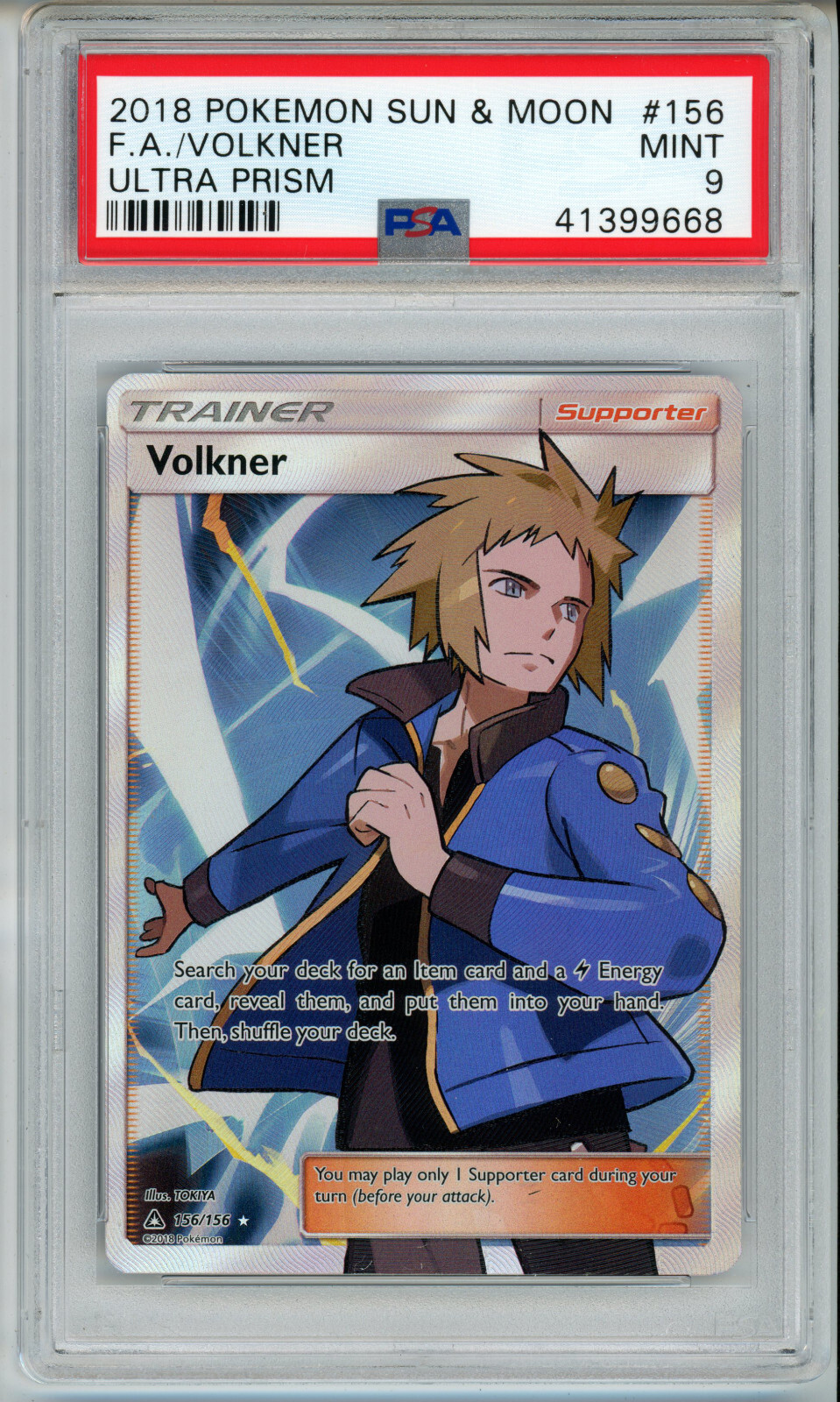 POKEMON ULTRA PRISM VOLKNER #156 FULL ART HOLO FOIL CARD PSA 9