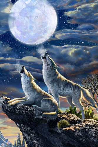 Wolf Howling at Moon Water Mountain Picture Room Wall Decor