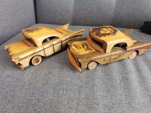 2 X Vintage Cuban Handcrafted Wooden Chevrolet Car with Etched Ch