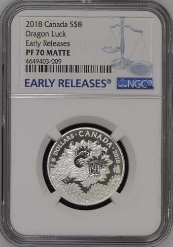 2018 CANADA 8 DOLLARS FINE SILVER COIN DRAGON LUCK NGC PF70 MATTE