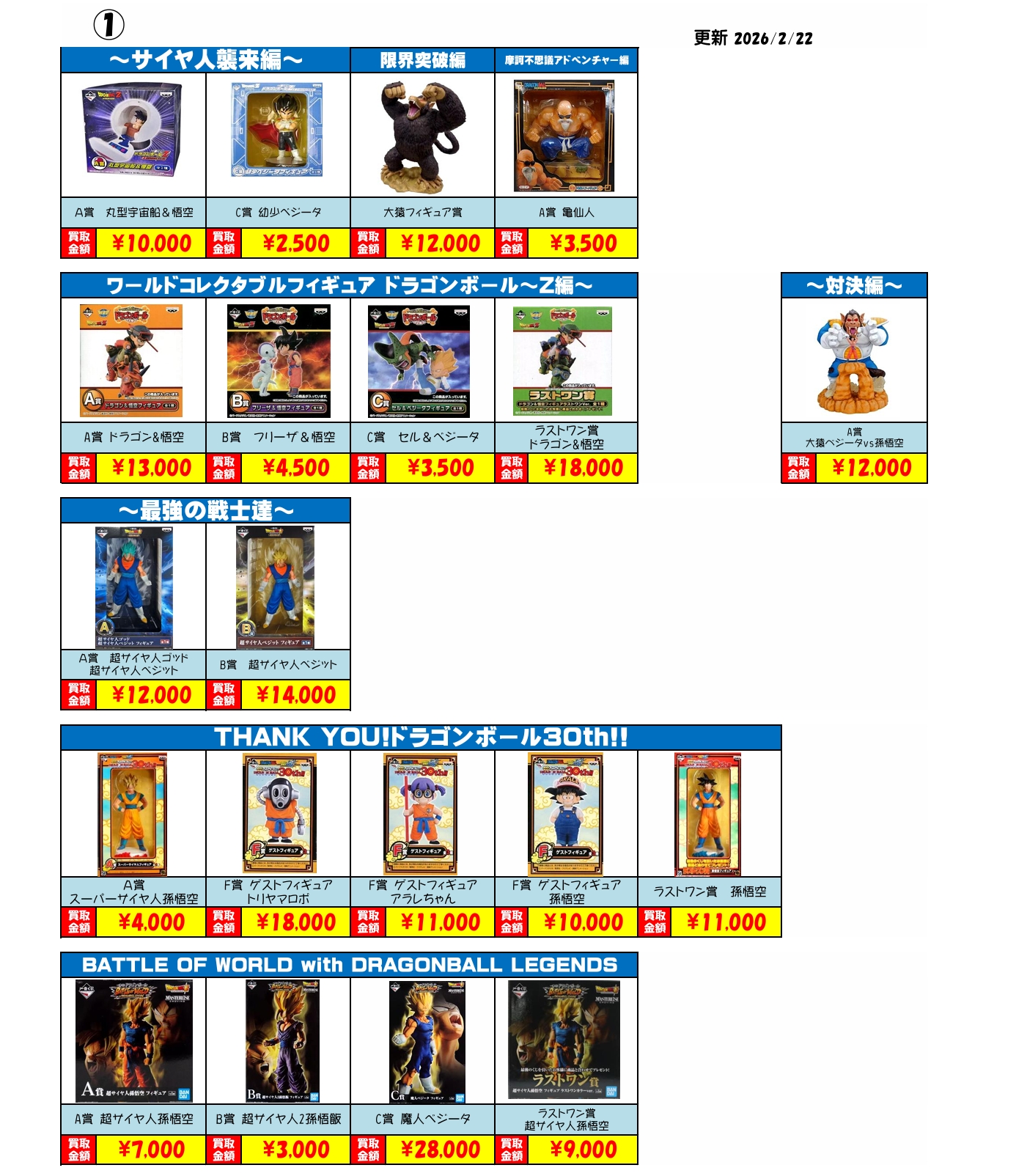 佐原東店】◇☆ドラゴンボール一番くじ・SMSP買取リストはこちら