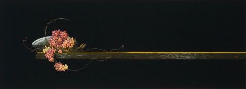 百瀬郷志、【葡萄と篭と】、希少な額装用画集画、新品高級額 額装付