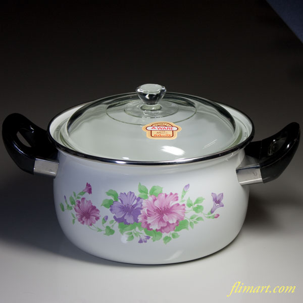 昭和レトロホーロー両手鍋花柄パイレックス20cm3.6L