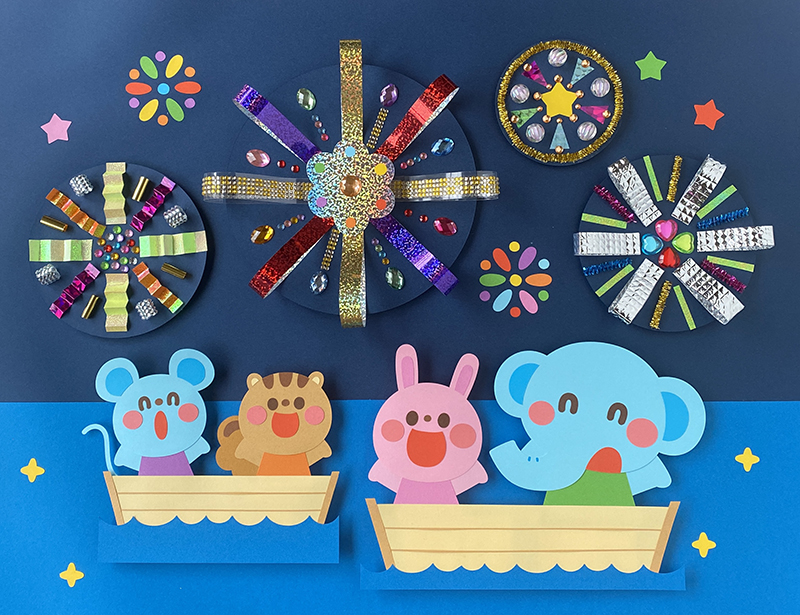 8月の壁面『夏の夜空のキラキラ花火』 | イラストレーター