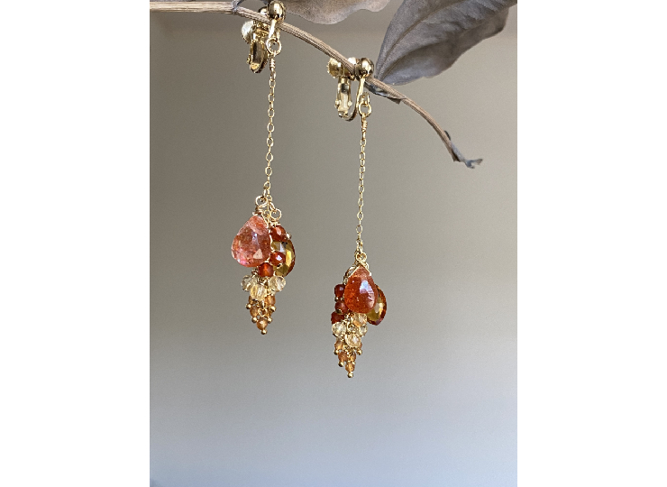 天然石 秋の紅葉 レッドアゲート/ブランデーシトリン他 耳飾り｜14kgf