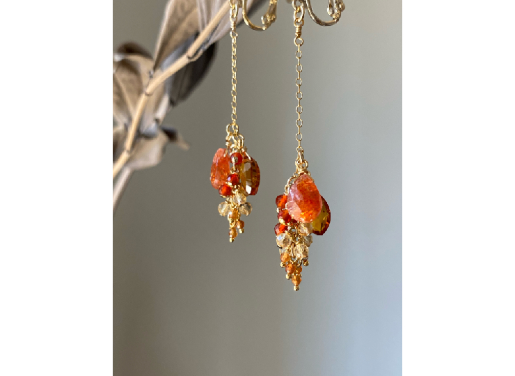 天然石 秋の紅葉 レッドアゲート/ブランデーシトリン他 耳飾り｜14kgf