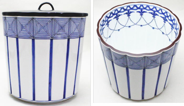 限定【茶器/茶道具 水指（水差し）】 染付 桶側（桶川） 輪花口 西村