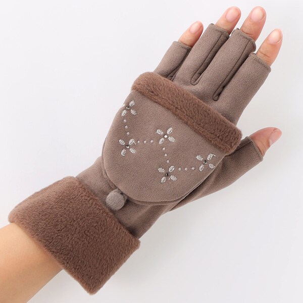 ムートン風裏起毛素材フード付グローブ（レディース手袋）ローラ