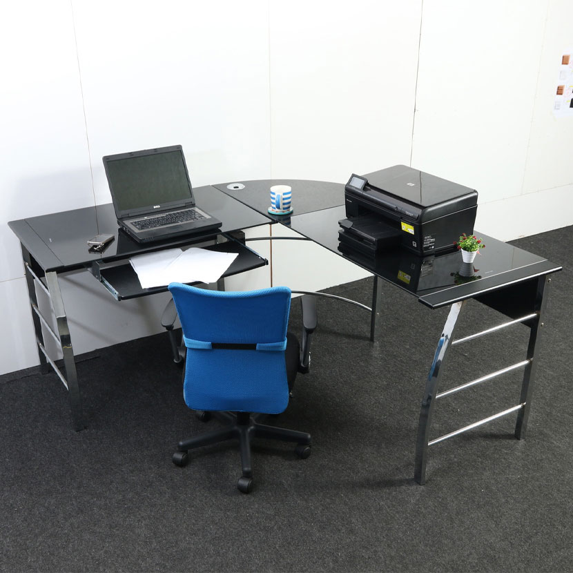 送料無料】 ガラスPCデスク L型 ワークデスク 在宅勤務 キーボード