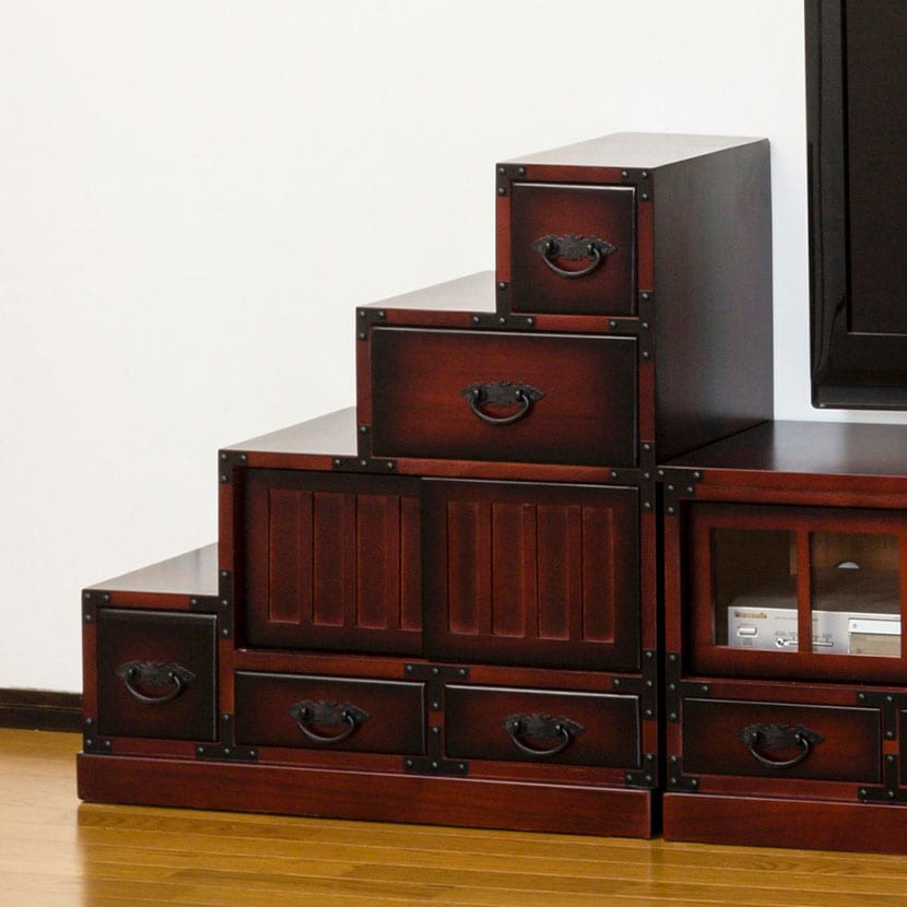 送料無料】 民芸調 階段箪笥 左下がり 和タンス 収納棚 引き出し