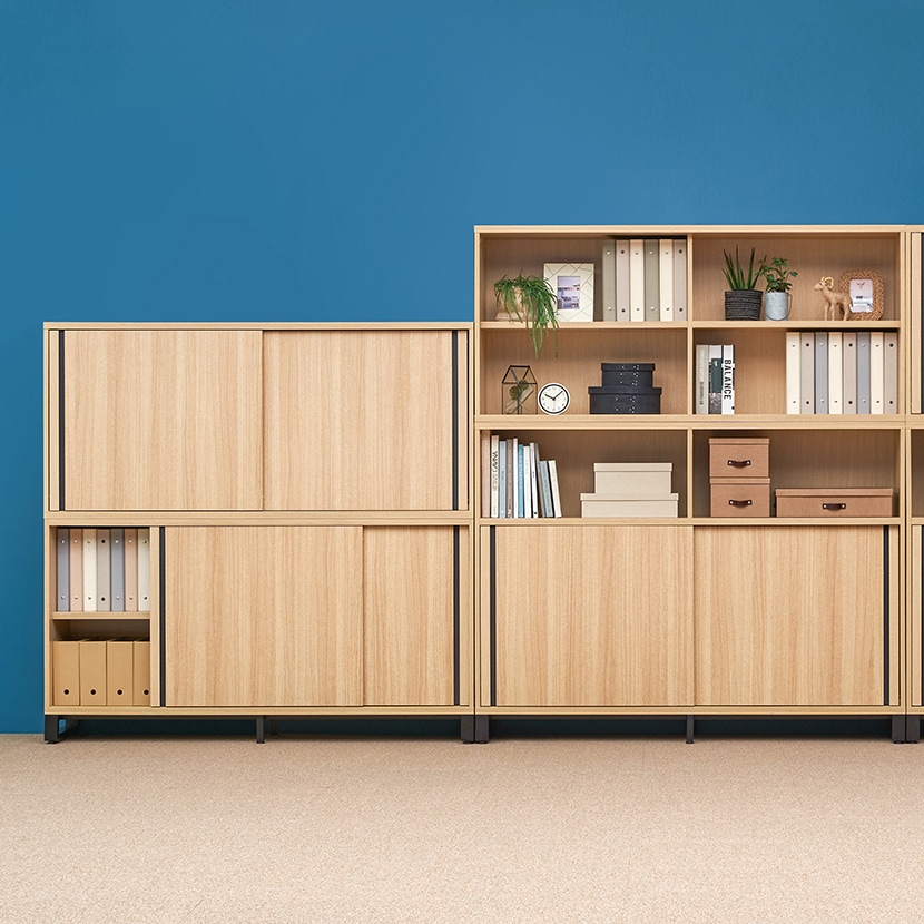 送料無料】 メティオ 木製キャビネット 書庫 2段 スライドドア 幅1200