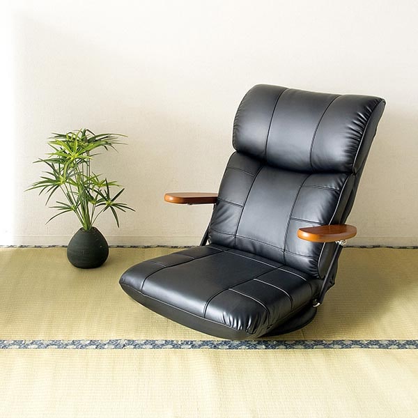 送料無料】 木肘スーパーソフトレザー座椅子-蓮- 幅670×奥行700～1230