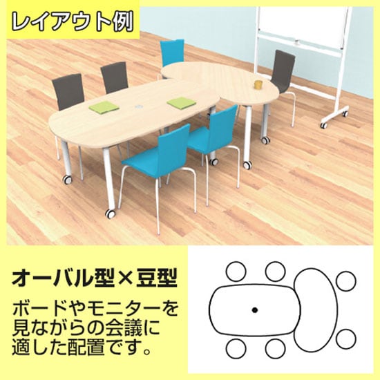 送料無料】 キャスターテーブル 会議テーブル ホワイト脚 豆型 幅1467