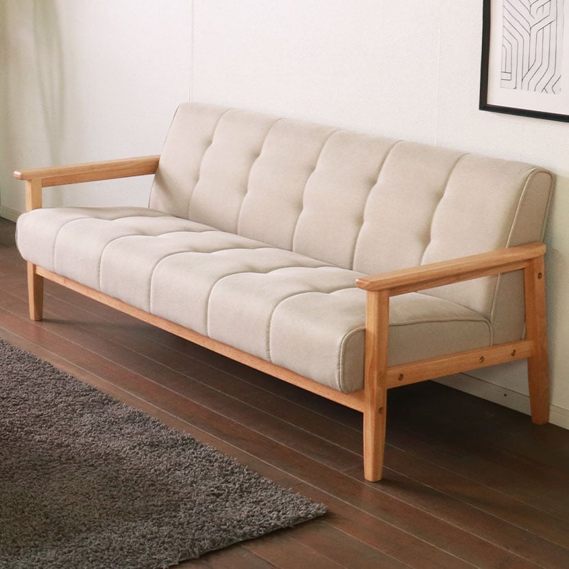 送料無料】 3人掛け ソファ 布 天然木 木製 肘付き ラバーウッド材