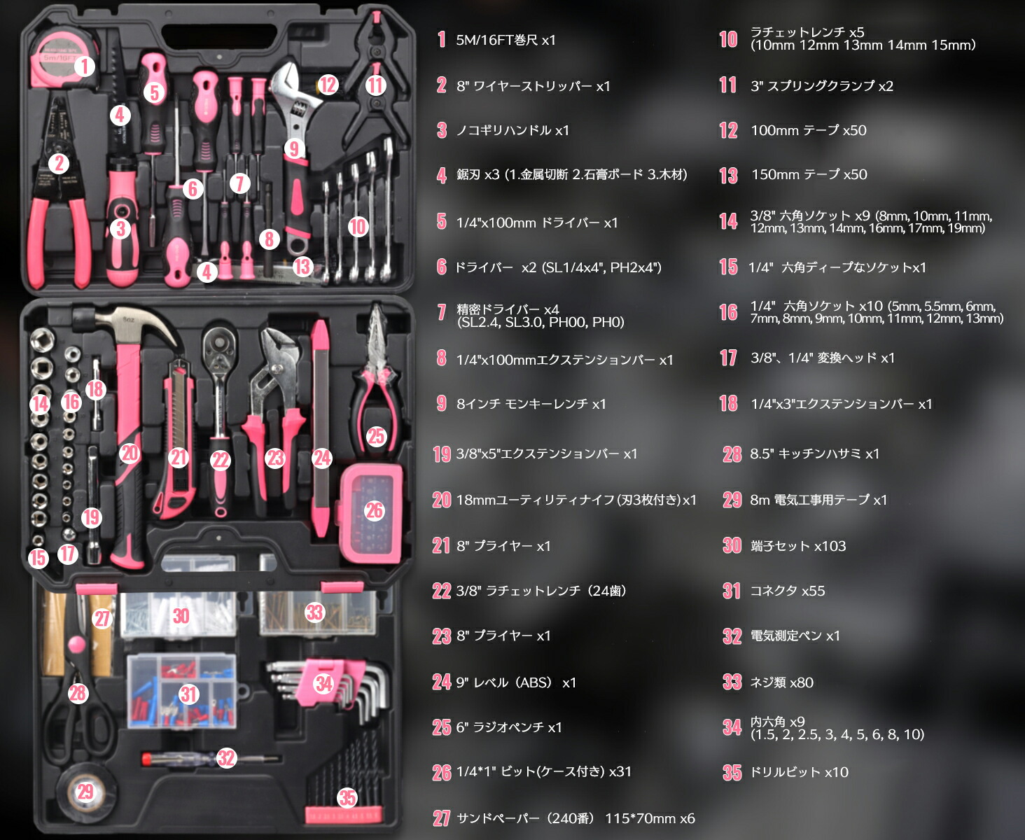 楽天市場】450pcs 工具セット 作業セット 修理道具 セット ピンク