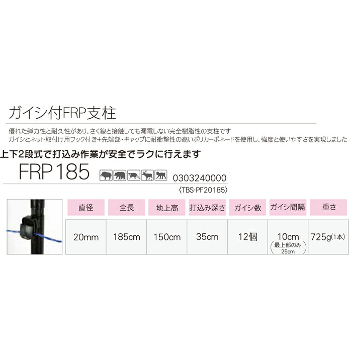 タイガー ガイシ付FRP支柱 FRP185 20本入 直径20mm 全長185cm TBS