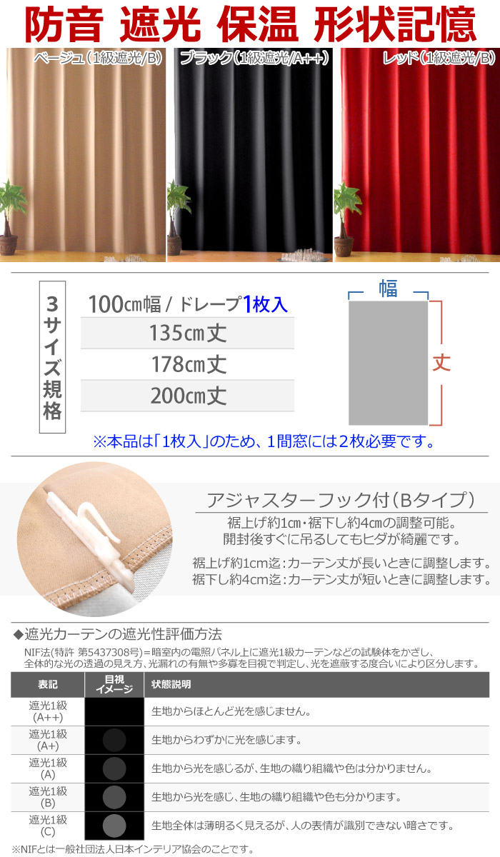 楽天市場】カーテン ドレープ 100cm幅 3サイズ 1枚入 防音 遮音 減音