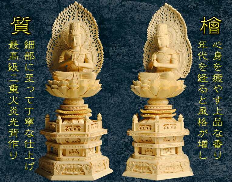 仏像【総檜六角二重火炎光背：大日如来1.8寸】真言宗 仏壇用御本尊
