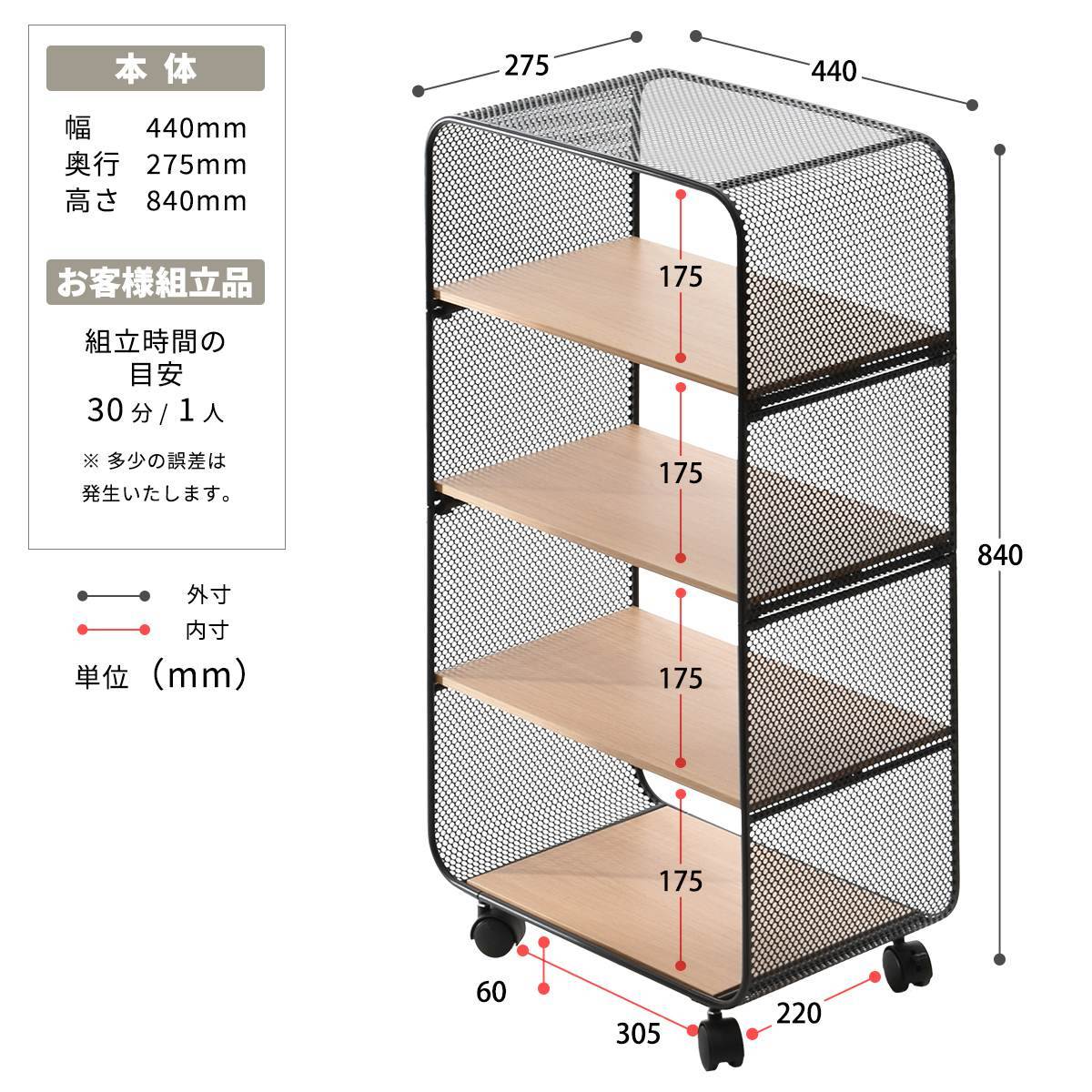 楽天市場】メタルラック アーチパンチング 4段 キャスター付きラック