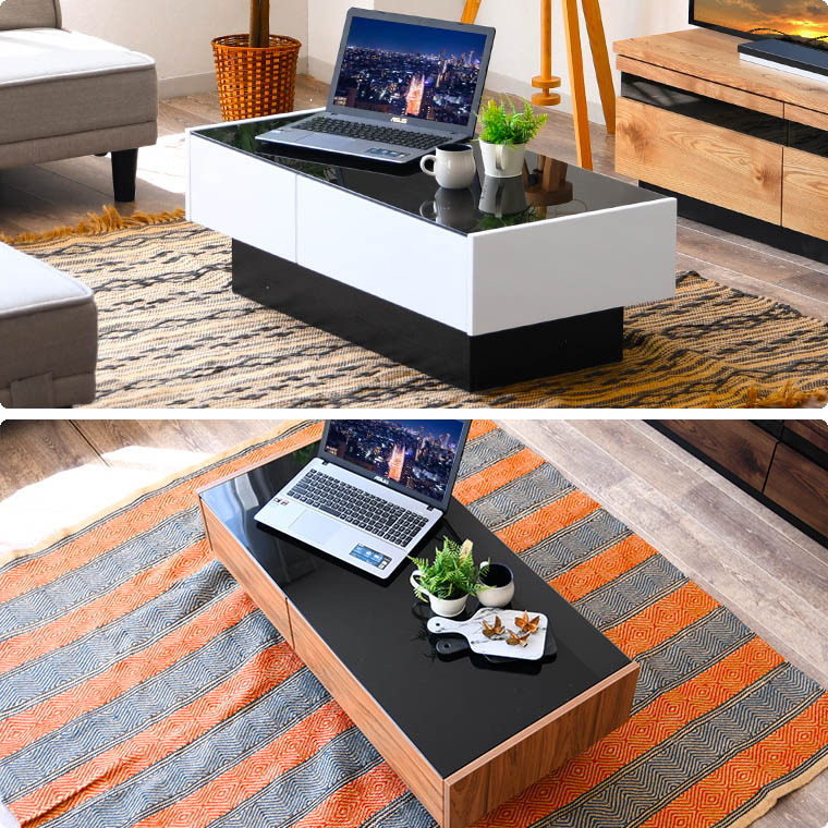 ガラス天板 引出し付き ローテーブル 白 ブラウン 2色対応 センター