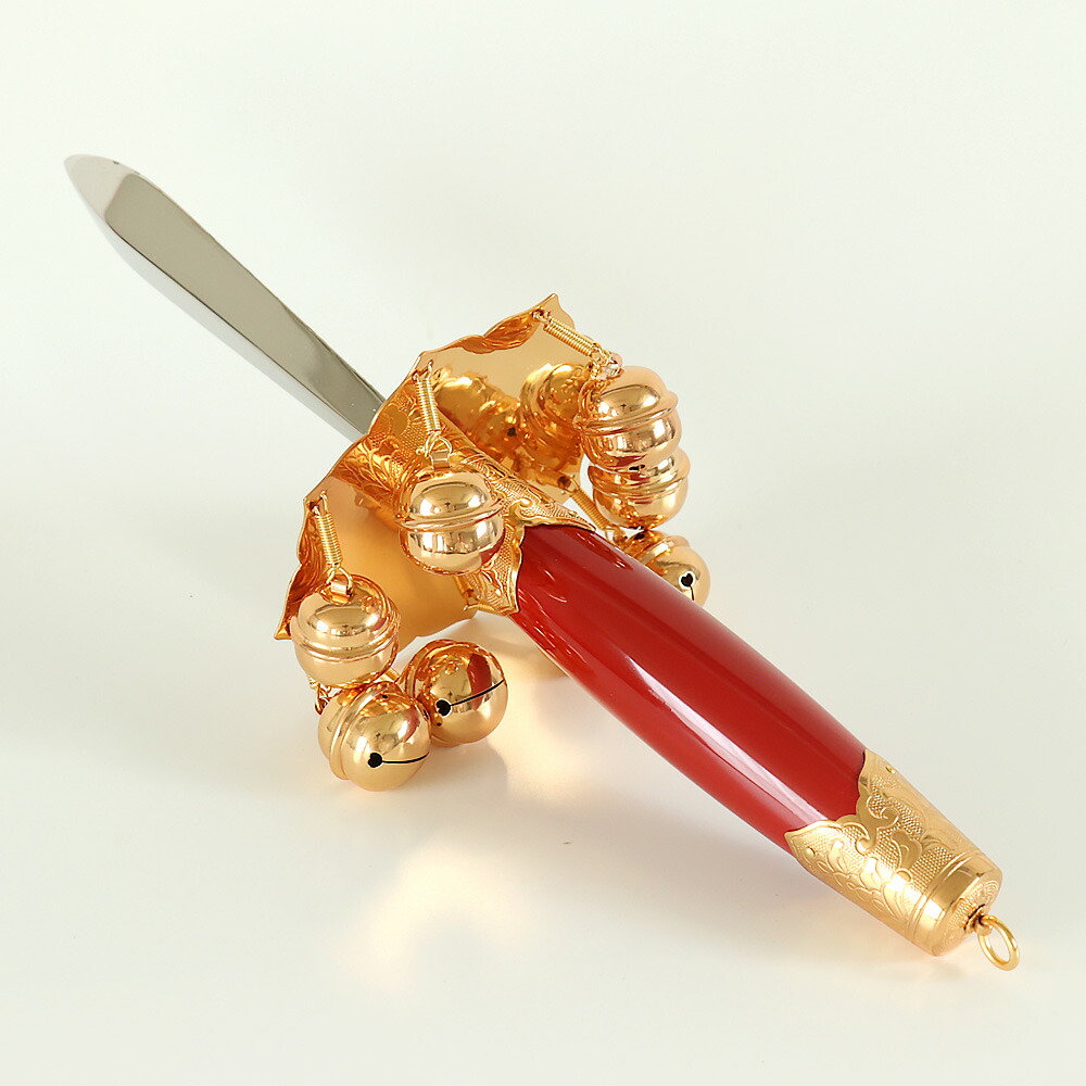 神楽鈴 鉾先型 板付き全長33cm 本金メッキ かぐら鈴 三番叟鈴 日本舞踊