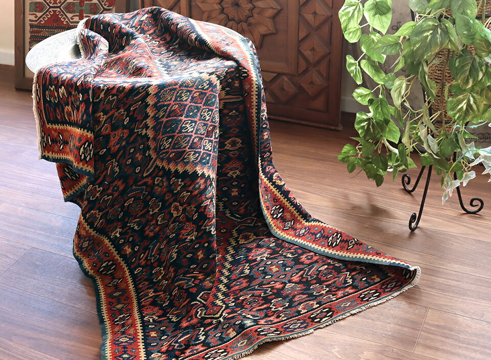 【在庫一掃セール】アルデビル キリム シルク 200cm×124cm オールド絨毯/トルコ・カッパドキア/ヨルックキリム約362×182cm