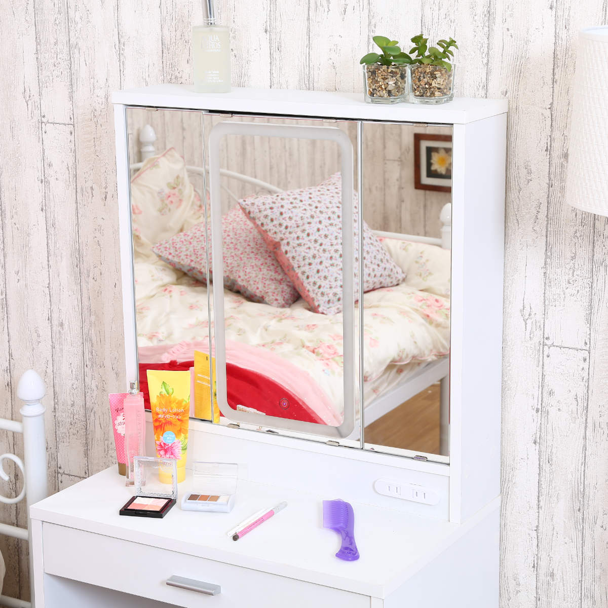 楽天市場】ドレッサー 三面鏡 鏡台 収納 LEDライト付 （ スツール付