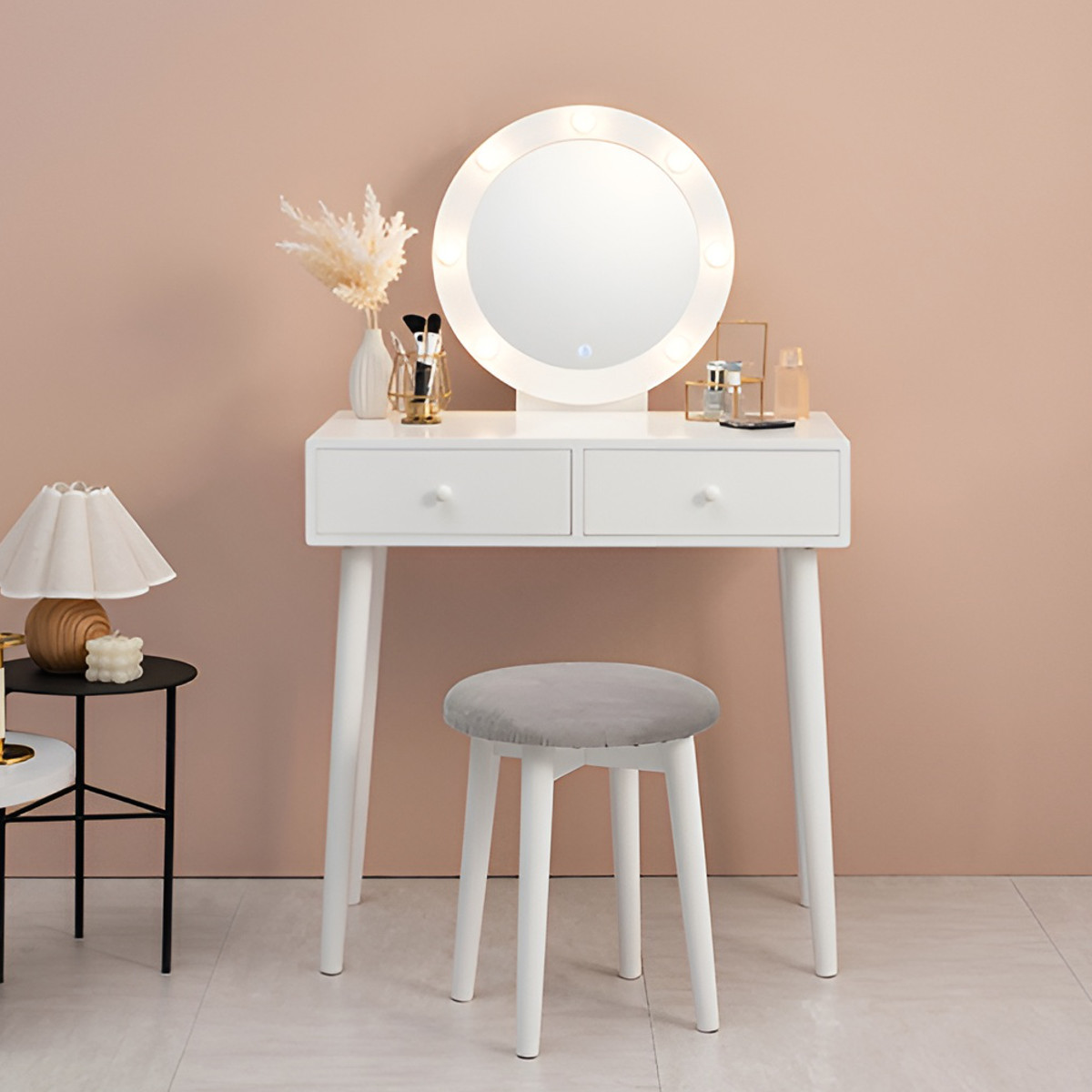 楽天市場】ドレッサー 幅75cm 丸ミラー ライト スツール付き （ 鏡台