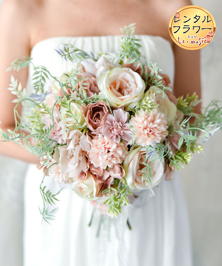 レンタル】 ウェディングブーケ 造花 ベビーピンクとグリーンの