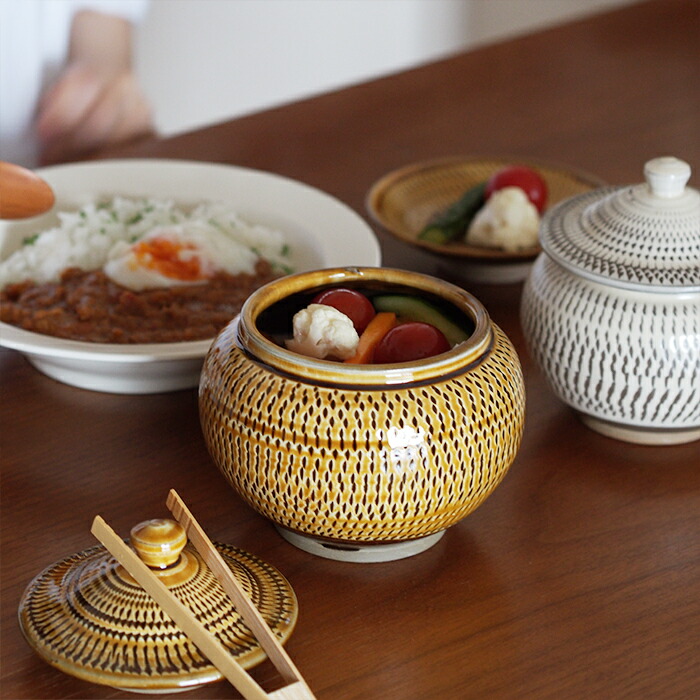 小鹿田焼 小袋窯 3合壺 飴釉飛びかんな | 食器と料理道具の専門店