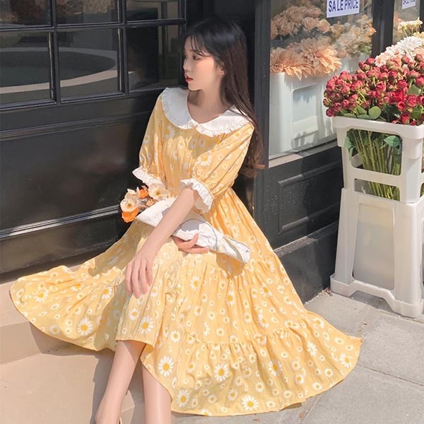 楽天市場】ワンピース ビッグカラー デイジー柄 イエロー ポワン袖