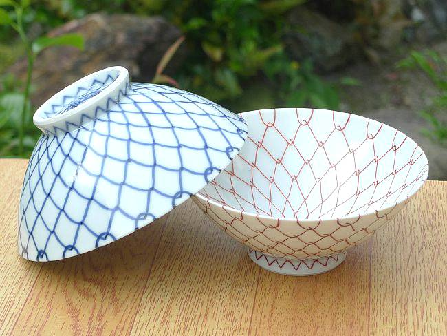 網目夫婦茶碗 青赤 芳山 - 京焼清水焼 松韻堂