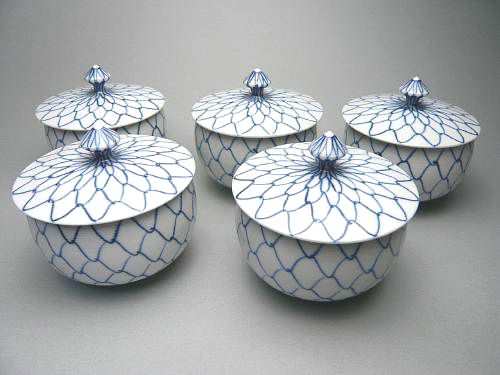 染付網目蓋付汲出碗揃 竹峰 - 京焼清水焼 松韻堂