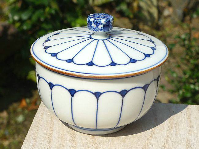 菊型】清水焼 京焼 蓋つき煮物椀 5個セット 青磁色