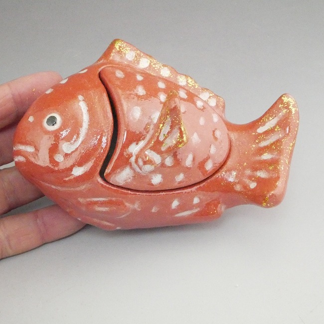 赤楽 鯛 蓋物/香合 楽入 - 京焼清水焼 松韻堂