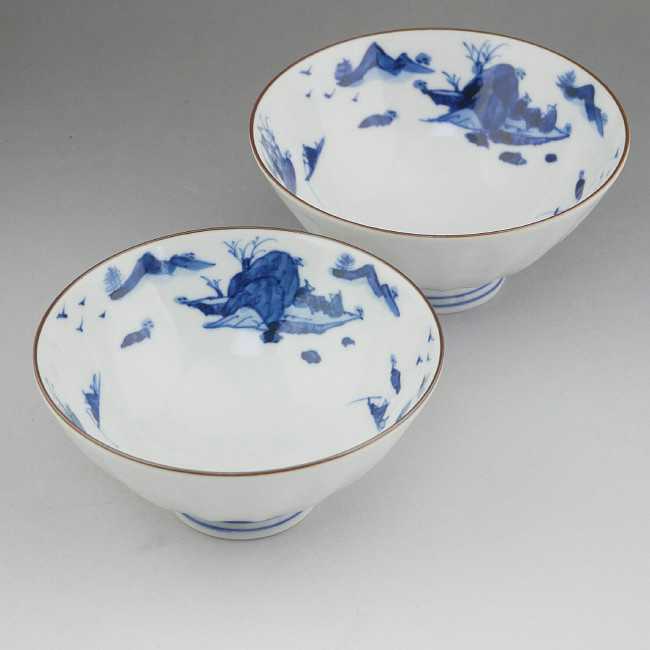 内染山水夫婦茶碗 紫峰 - 京焼清水焼 松韻堂