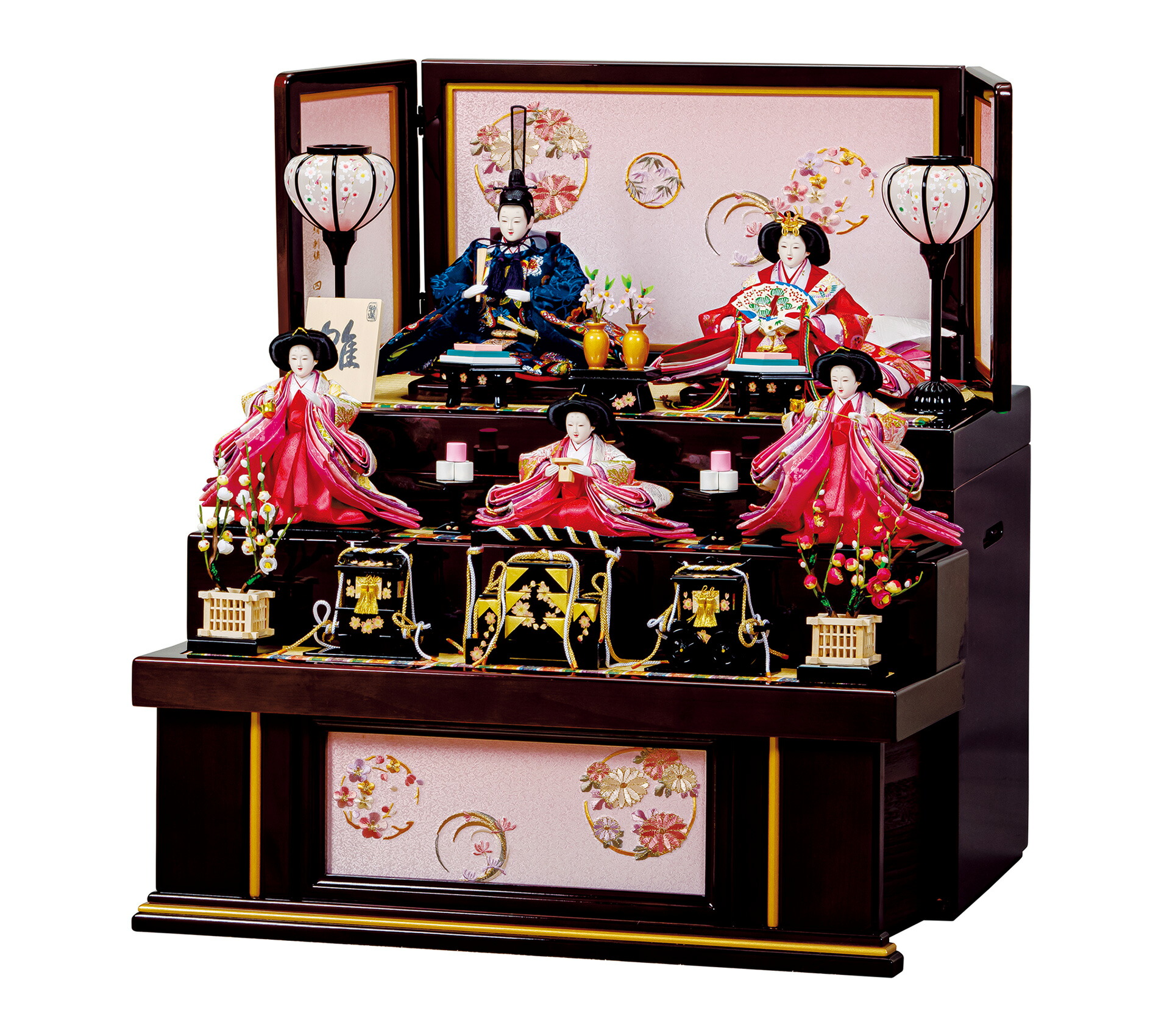 雛人形 三段五人収納飾り【P81202】 引き出し式の収納箱に大柄刺繍の