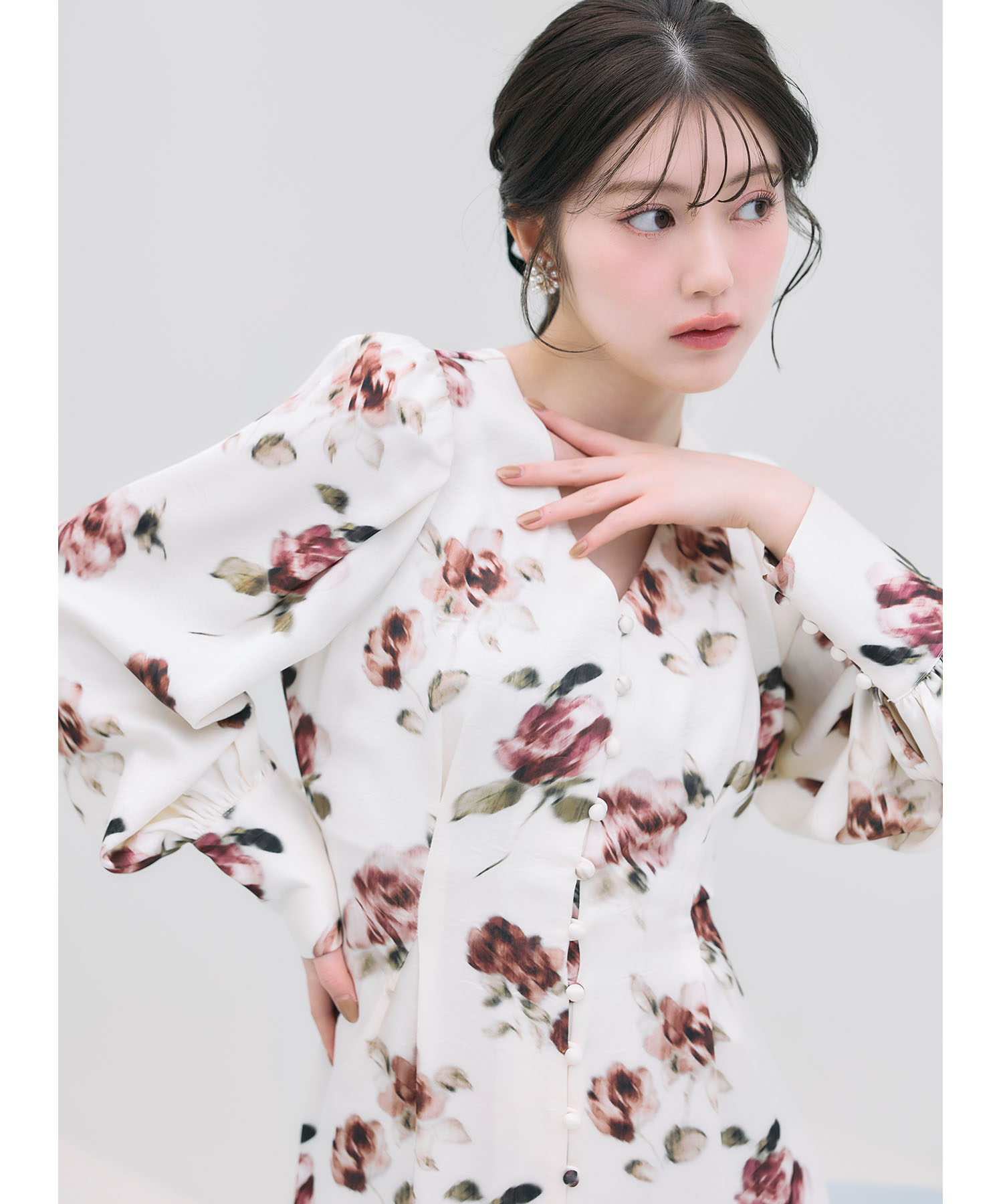 フロント釦ヴィンテージサテンローズプリントワンピース