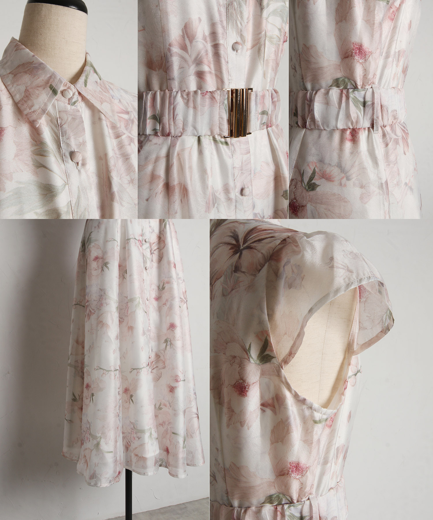 ベルト付き水彩シアーフラワープリントシャツワンピース